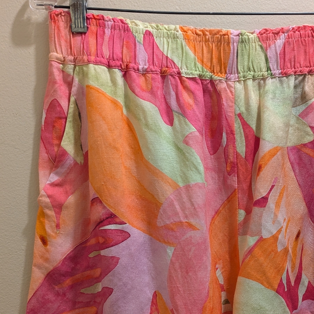 H&M Linen Blend Pull-On Shorts High Waist Pockets Pink Orange Leaf-Patterned- L - Picture 6 of 12